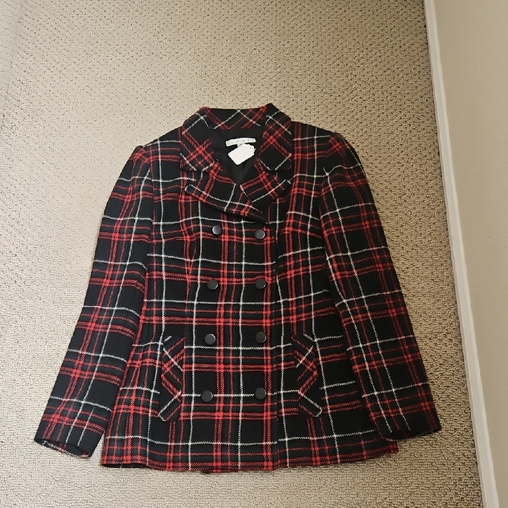 CAbi Black, Green & Red Plaid Double-Breasted Peacoat Jacket